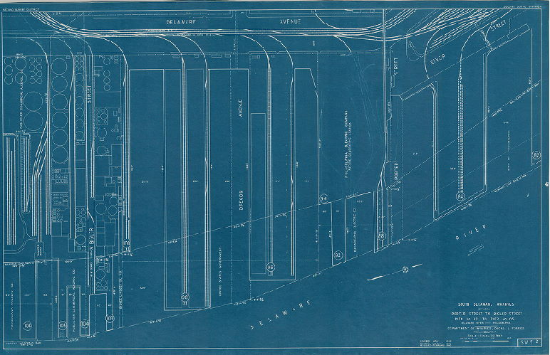 Plan, North and south wharves, Delaware River. Department of Wharves, Docks and Ferries, Philadelphia. SW5-2. South Delaware wharves between Porter Street to Bigler Street, Pier No. 92 to Pier No. 105. 