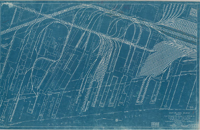 Plan, North and south wharves, Delaware River. Department of Wharves, Docks and Ferries, Philadelphia. SW3. South Delaware wharves between Pier No. 53 (Washington Ave.) to Mifflin St. , Pier No. 55 to Pier No. 72-1/2. 