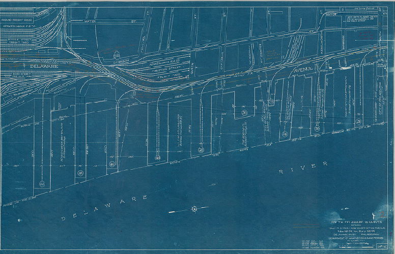 Plan, North and south wharves, Delaware River. Department of Wharves, Docks and Ferries, Philadelphia. South Delaware wharves between South St. and Washington Avenue, SW2. Pier No. 28 to Pier No. 53. 
