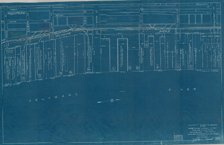 Plan, North and south wharves, Delaware River. Department of Wharves, Docks and Ferries, Philadelphia. SW1. South Delaware wharves between Market Street and South Street, Pier No. 3 to Pier No. 24. 