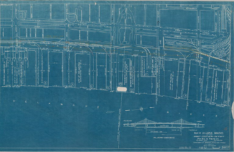 Plan, North and south wharves, Delaware River. Department of Wharves, Docks and Ferries, Philadelphia. NW1-2. North Delaware wharves between Market Street and Willow Street, Pier No. 3 to Pier No. 24. 