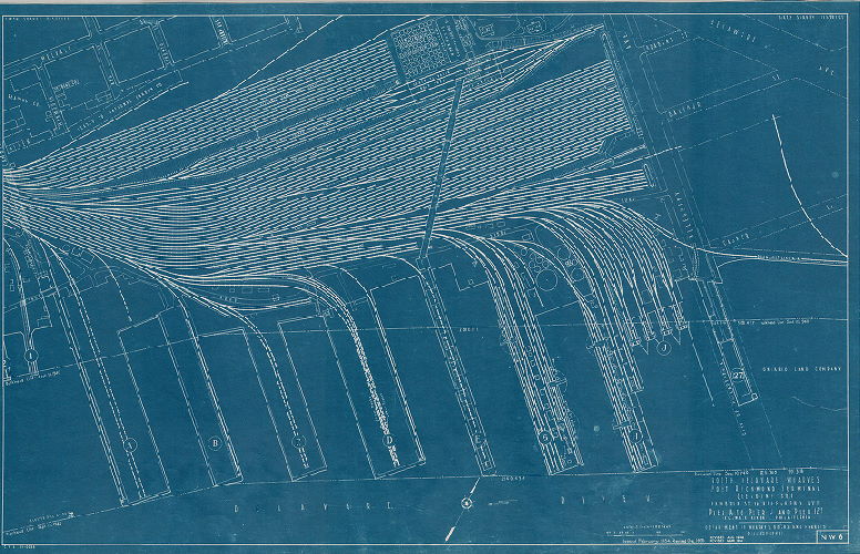 Plan, North and south wharves, Delaware River. Department of Wharves, Docks and Ferries, Philadelphia. NW6. North Delaware wharves, Port Richmond Terminal (Reading Co.), Cambria Street to Allegheny Ave., Pier A to Pier J and Pier 127. 
