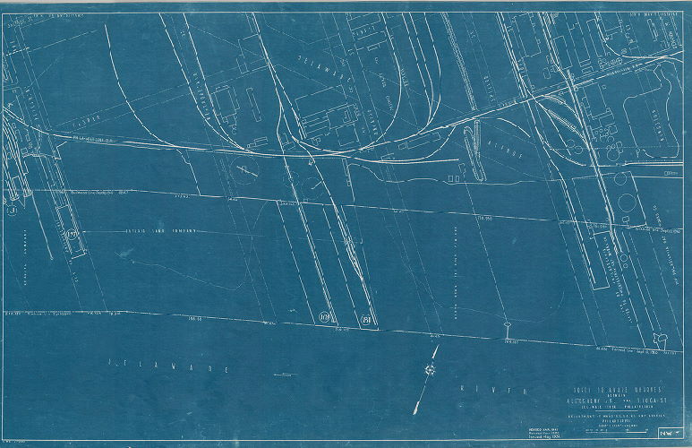 Plan, North and south wharves, Delaware River. Department of Wharves, Docks and Ferries, Philadelphia. NW7. North Delaware wharves between Allegheny Ave. and Tioga St.