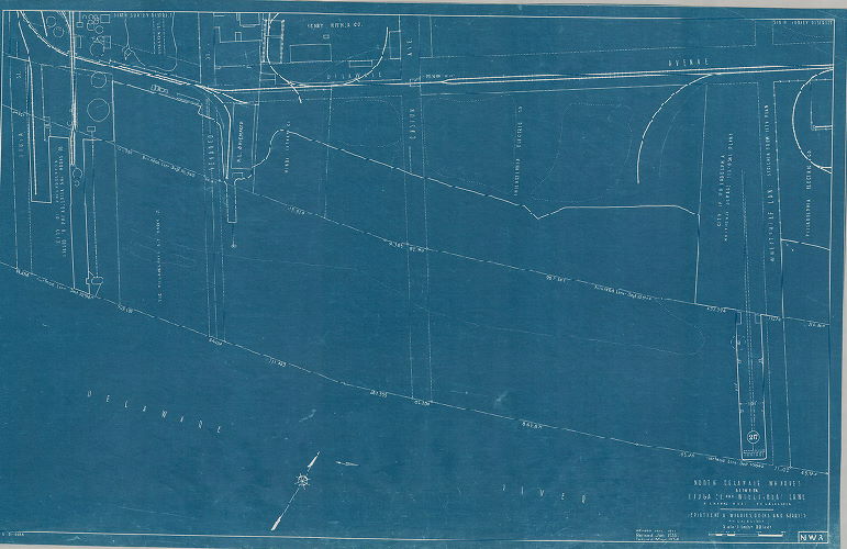 Plan, North and south wharves, Delaware River. Department of Wharves, Docks and Ferries, Philadelphia. NW8. North Delaware wharves between Tioga St. and Wheatsheaf Lane. 
