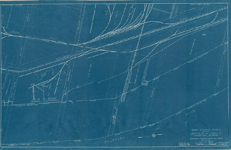 Plan, North and south wharves, Delaware River. Department of Wharves, Docks and Ferries, Philadelphia. NW10. North Delaware wharves between Bristol St. and Jenks St. 