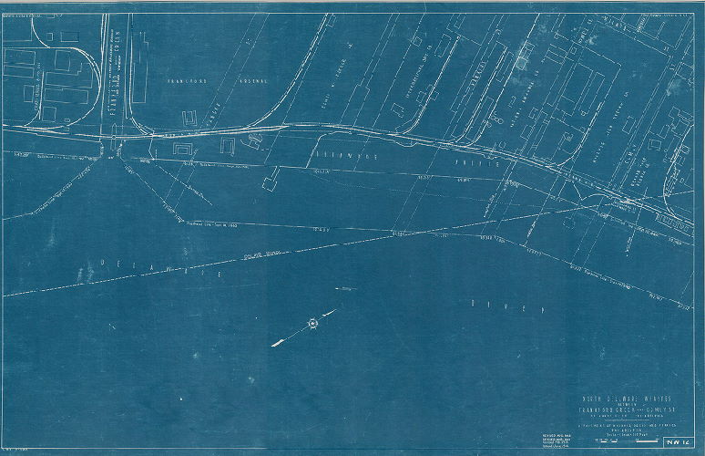 Plan, North and south wharves, Delaware River. Department of Wharves, Docks and Ferries, Philadelphia. NW 12. North Delaware wharves between Frankford Creek and Comly St.