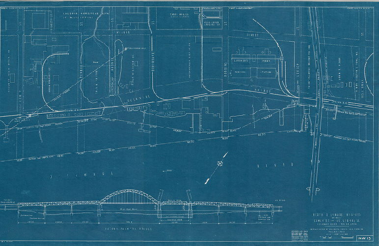Plan, North and south wharves, Delaware River. Department of Wharves, Docks and Ferries, Philadelphia. NW13. North Delaware wharves between Comly St. and Hellerman St. 