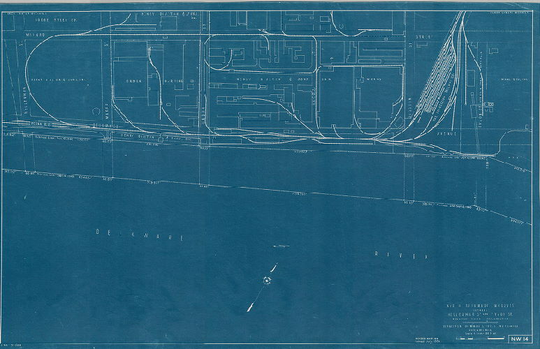 Plan, North and south wharves, Delaware River. Department of Wharves, Docks and Ferries, Philadelphia. NW14. North Delaware wharves between Hellerman St. and Tyson St.