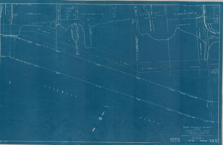 Plan, North and south wharves, Delaware River. Department of Wharves, Docks and Ferries, Philadelphia. NW15. North Delaware wharves between Tyson St. and Bleigh St.