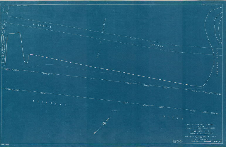Plan, North and south wharves, Delaware River. Department of Wharves, Docks and Ferries, Philadelphia. NW17. North Delaware wharves between House of Correction wharf and Pennypack Creek.