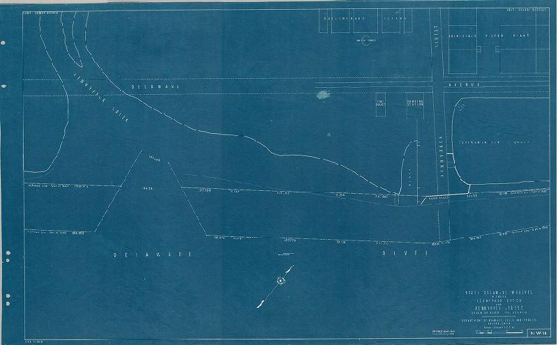 Plan, North and south wharves, Delaware River. Department of Wharves, Docks and Ferries, Philadelphia. NW18. North Delaware wharves between Pennypack Creek and Pennypack Street. 