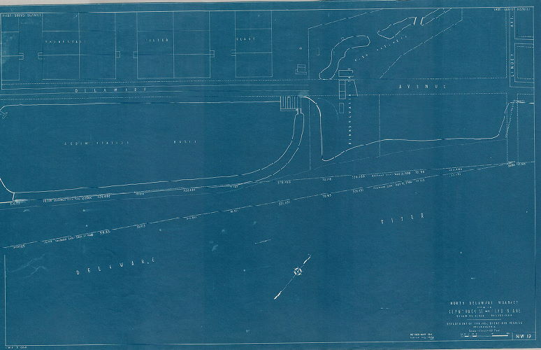 Plan, North and south wharves, Delaware River. Department of Wharves, Docks and Ferries, Philadelphia. NW19. North Delaware wharves between Pennypack St. and Linden Ave. 