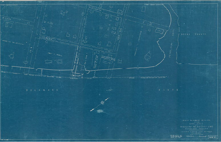 Plan, North and south wharves, Delaware River. NW21. Department of Wharves, Docks and Ferries, Philadelphia. North Delaware wharves between Eden St. and Poquessing Creek (County line).