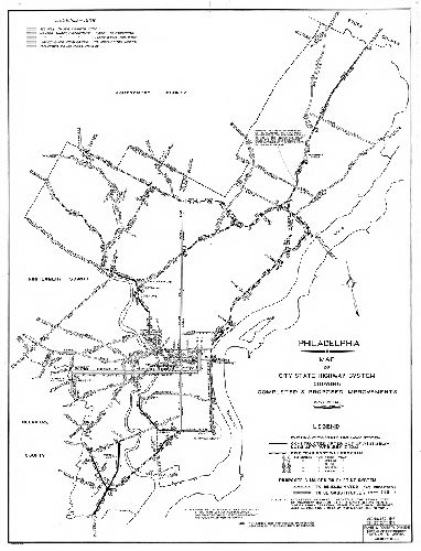 Plan, Philadelphia. Map of City-State Highway System, showing completed and proposed improvements. Plans and Registry Division, Bureau of Engineering, Surveys and Zoning, August 1944. Revised Oct. 1948.