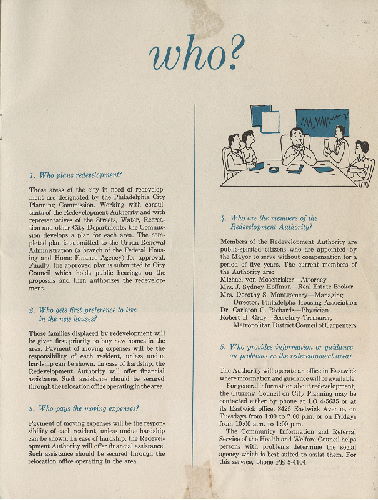 , A guide to Eastwick redevelopment. The Citizens' Council on City Planning, 1717 Sansom Street, Philadelphia 3. [12-page pamphlet answering the questions, Where?, When? Why? How? and Who? regarding the redevelopment process in Eastwick. Includes 1954 map of existing land use in the redevelopment area, produced by the Philadelphia City Planning Commission.] 
